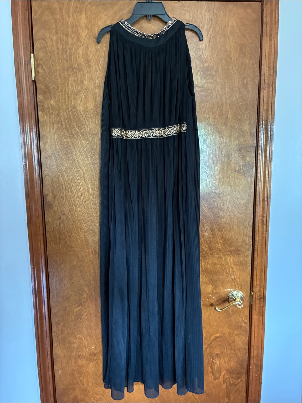 Vintage 1960’s Black Pleated Shear Maxi Dress with Gold Embroidered Accents